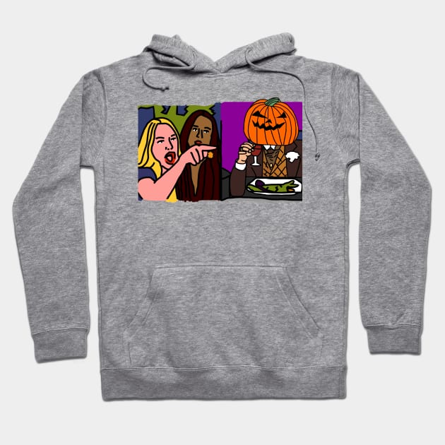 Halloween Horror Woman Yelling at Cat Memes with Pumpkin Head Leonardo Hoodie by ellenhenryart